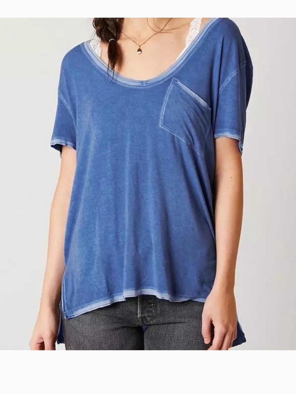 Free People We The Free Indigo Blue Oversized Slouchy Boho Pocket Tee Size L